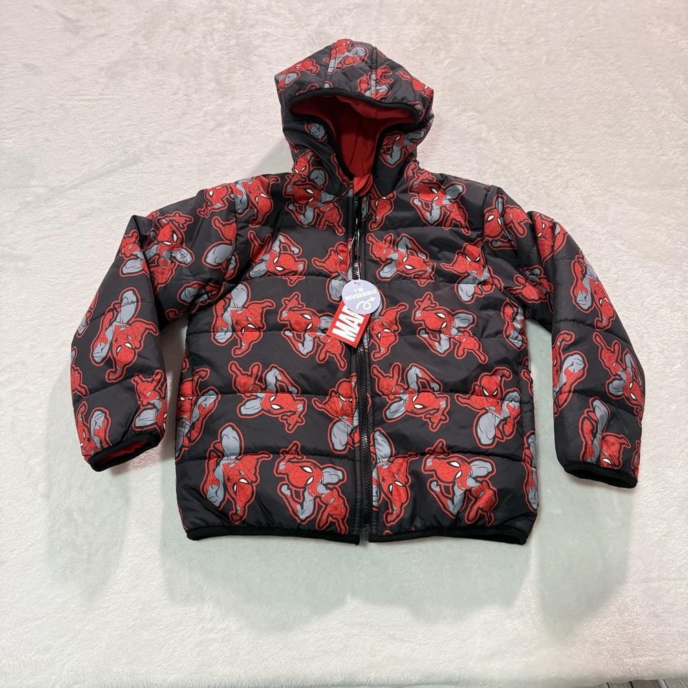 New Marvel Spiderman Reversible Hooded Puffer Jacket Black Ref Kids Size 7